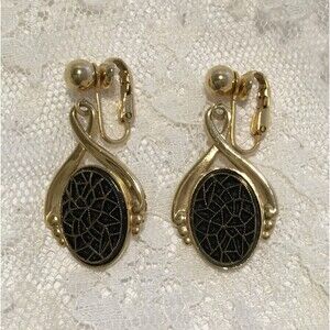 Vintage Emmons Signed Clip On Earrings Gold tone Black Floral Motif Dangly